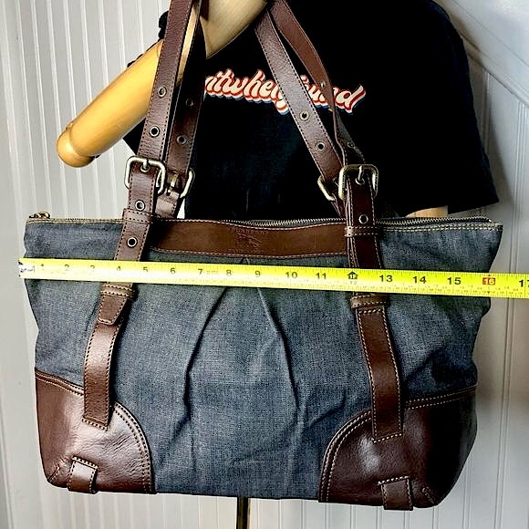 BURBERRY Denim Shoulder Bag Brown Leather Top Zip Closure Blue Label RARE - Picture 11 of 17